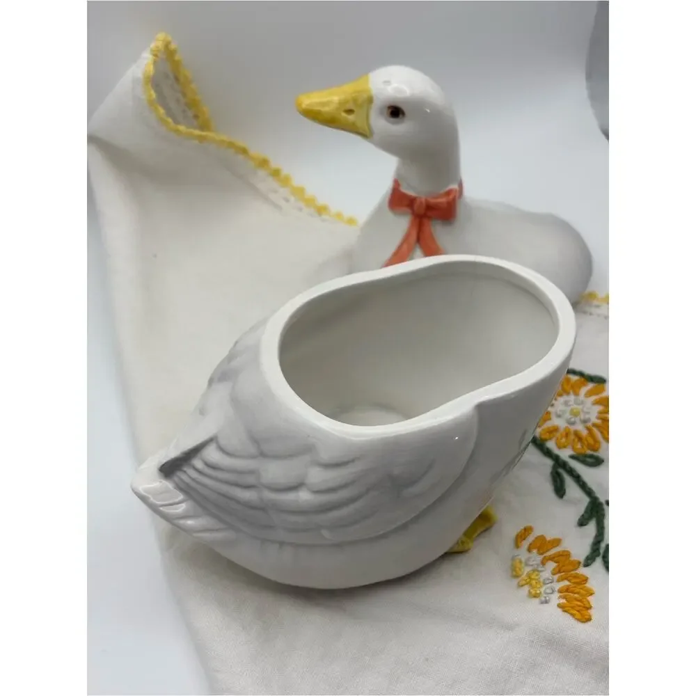 Vintage Otagiri Japan Ceramic White Goose Sugar Bowl with Orange Bow Collar